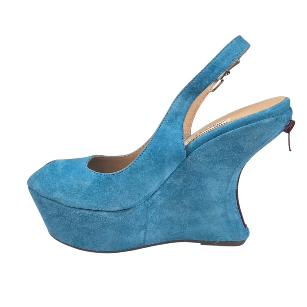Luxury Turquoise Suede Peep-toe Platform Slingback Wedge Sandal Size 38 NIB $458